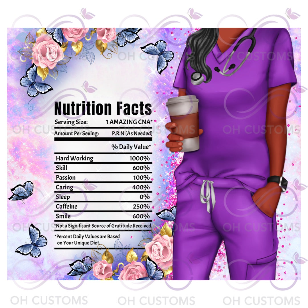 Nurse & CNA Nutrition Facts 20 oz printed tumbler